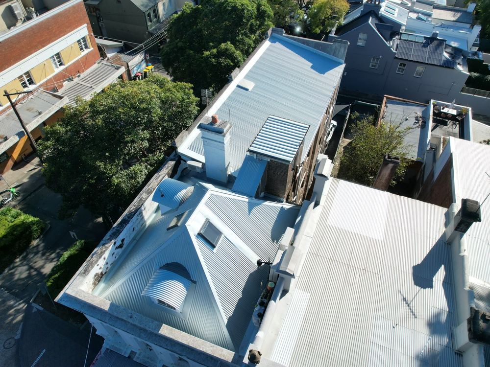 New metal roof on a Sydney terrace, seen from above